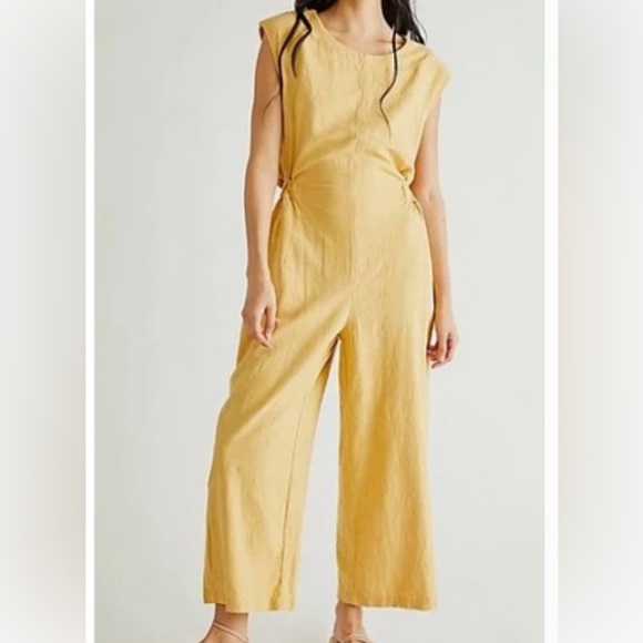 Free People Pants - 14. Free People Yellow Linen Blend Wide Leg Jumpsuit